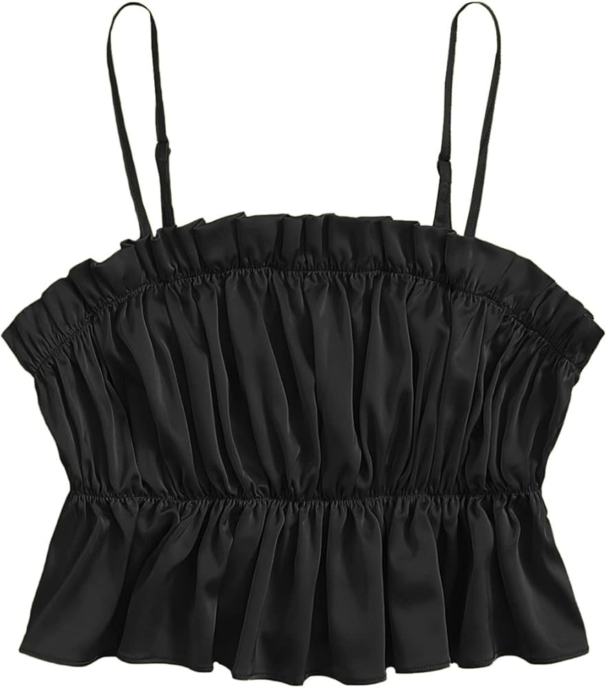 Milumia Women Ruched Ruffle Hem Satin Cami Crop Top Spaghetti Strap Frilled Camisole | Amazon (US)
