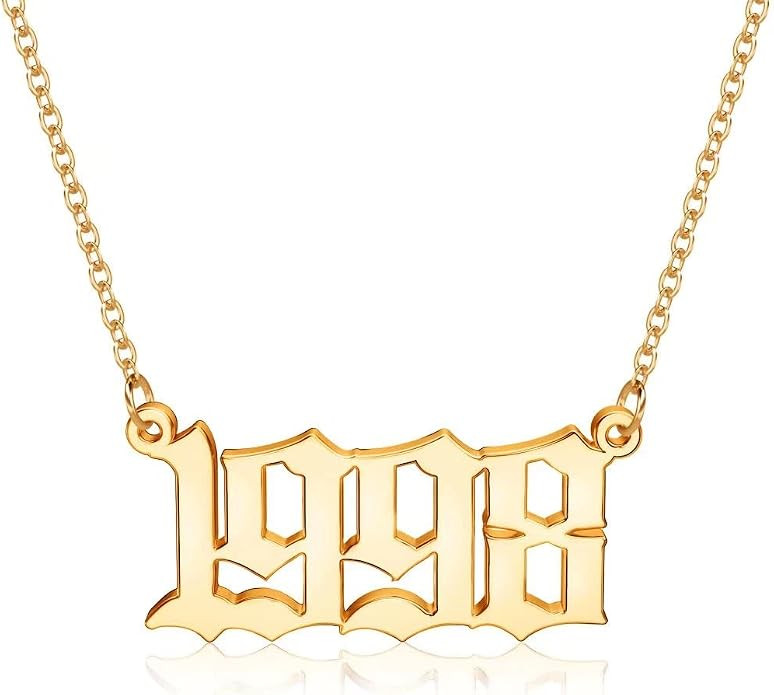 M MOOHAM Birth Year Necklace for Women, 18K Gold Plated Old English Birth Year Number Pendant Nec... | Amazon (US)