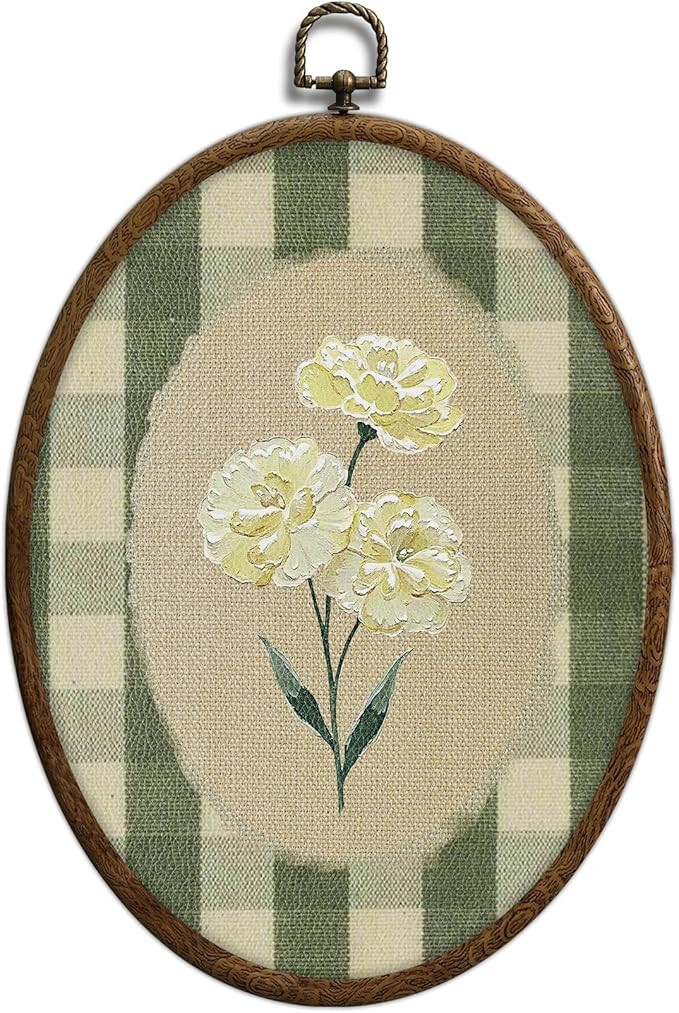 Flower Oval Wall Art, Green Gingham Oval Framed Wall Art, Retro Botanical Cottage Core Home Decor... | Amazon (US)