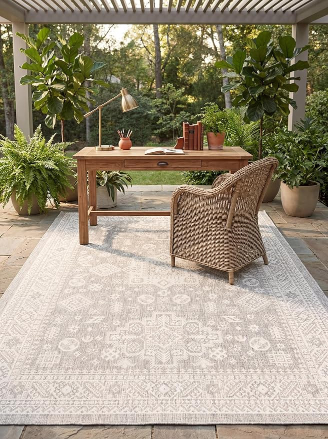 Rugs.com Outdoor Aztec Collection Rug – 8' x 11' Light Gray Flatweave Rug Perfect for Living Ro... | Amazon (US)