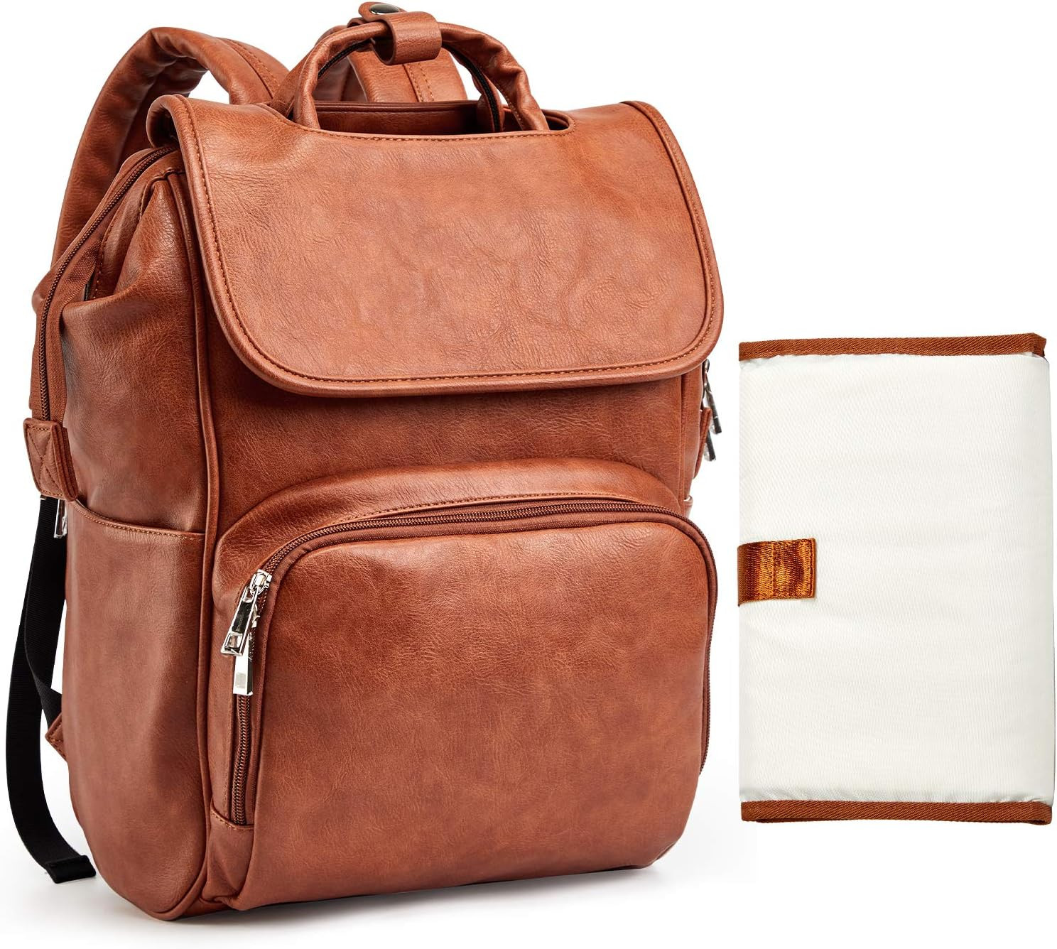 Leather Diaper Bag Backpack with Changing Mat, Travel Backpack Waterproof & Insulated Large Nappy Ba | Amazon (US)