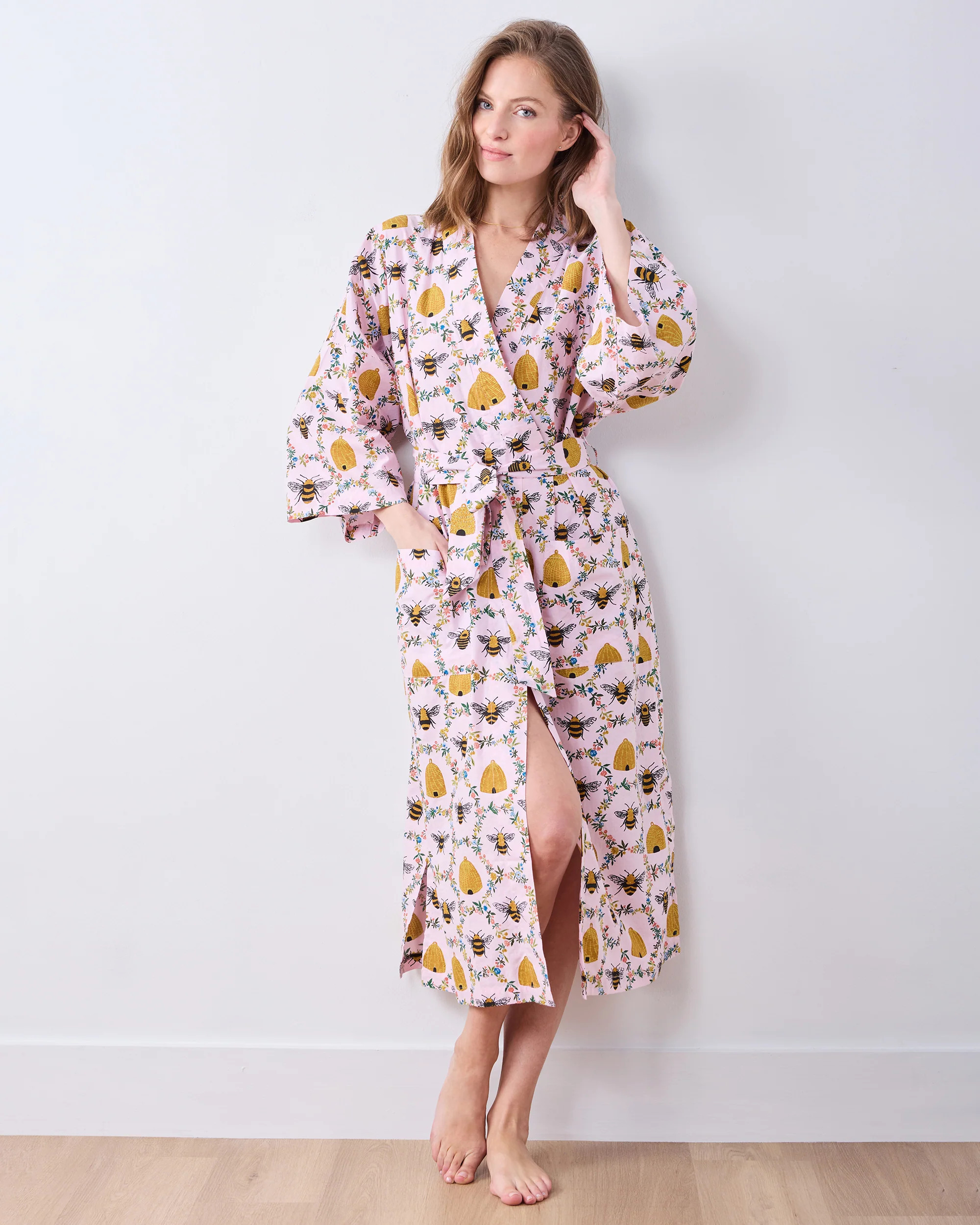Spring Organic Cotton Long Robe - Pink Sweet Bee - Women's Plus Size 1X/2X Sleepwear | Printfresh