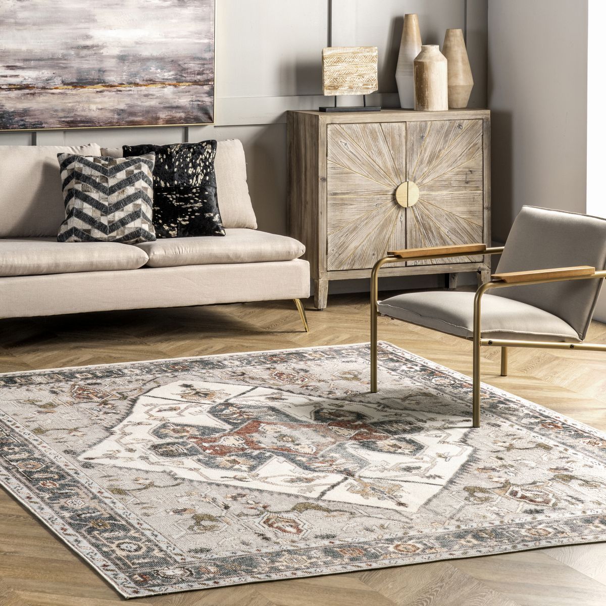 Ivory Crystalline Medallion Washable 5' x 8' Area Rug | Rugs USA