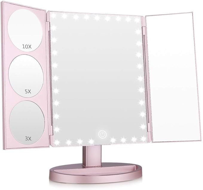 Easehold 35 LED Lighted Vanity Makeup Mirror Tri-Fold with 3X 5X 10X Magnifiers 360 Degree Free R... | Amazon (US)
