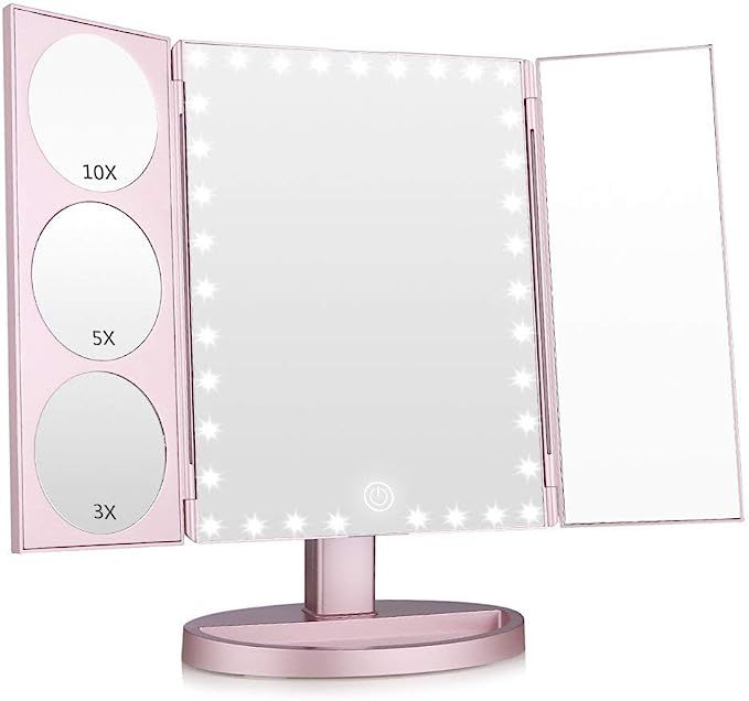 Easehold 35 LED Lighted Vanity Makeup Mirror Tri-Fold with 3X 5X 10X Magnifiers 360 Degree Free R... | Amazon (US)