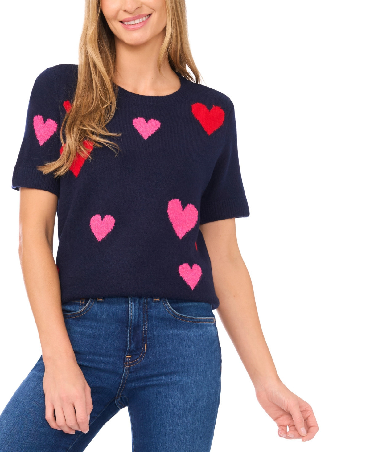 CeCe Women's Short-Sleeve All Over Heart Sweater - Classic Navy | Macy's
