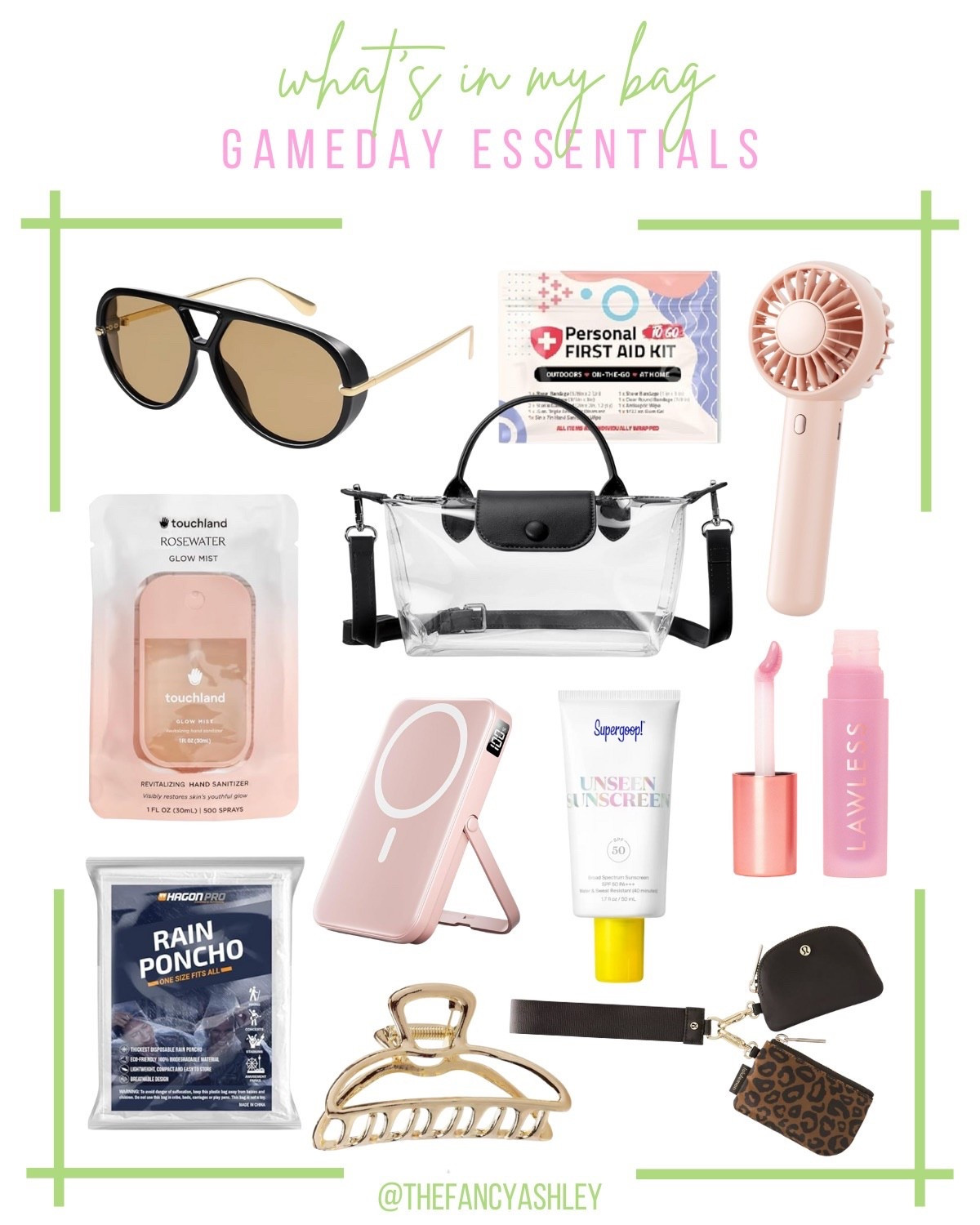 Time for what's in my bag - gameday essentials edition! These are my top picks to pack while cheering on your favorite team. Clear bag is a must and this Amazon find is the perfect mini Longchamp alternative but CLEAR! My favorite Touchland hand sanitizer is essential, along with a personal fan, my favorite lip plumper, cute sunnies, and sunscreen. Game day ready!!


#LTKU #LTKItBag #LTKParties