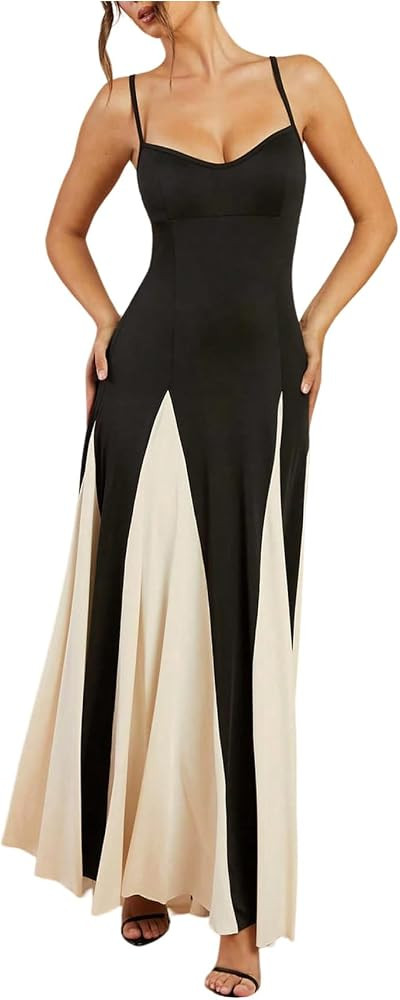 Floerns Women's Elegant Spaghetti Strap Maxi Dress Colorblock Flowy Formal Party Dresses | Amazon (US)
