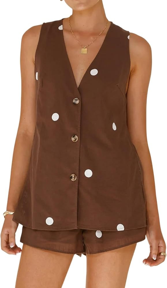 Faretumiya Women Polka Dot 2 Piece Outfits Sleeveless Button Vest Top Shorts Set Y2k Matching Lou... | Amazon (US)