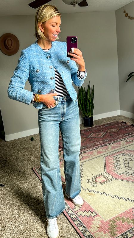 Dress down a tweed jacket with a pair of light wash, wide leg jeans + sneakers 

In sized up to a medium in this jacket- I runs snug through the shoulders (I’m 5’10” for height reference) 

#LTKstyletip #LTKSeasonal #LTKworkwear