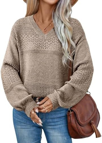 ATHMILE Sweaters for Women Fall Outfits Oversized Long Sleeve V Neck Crochet Sweaters Lightweight... | Amazon (US)
