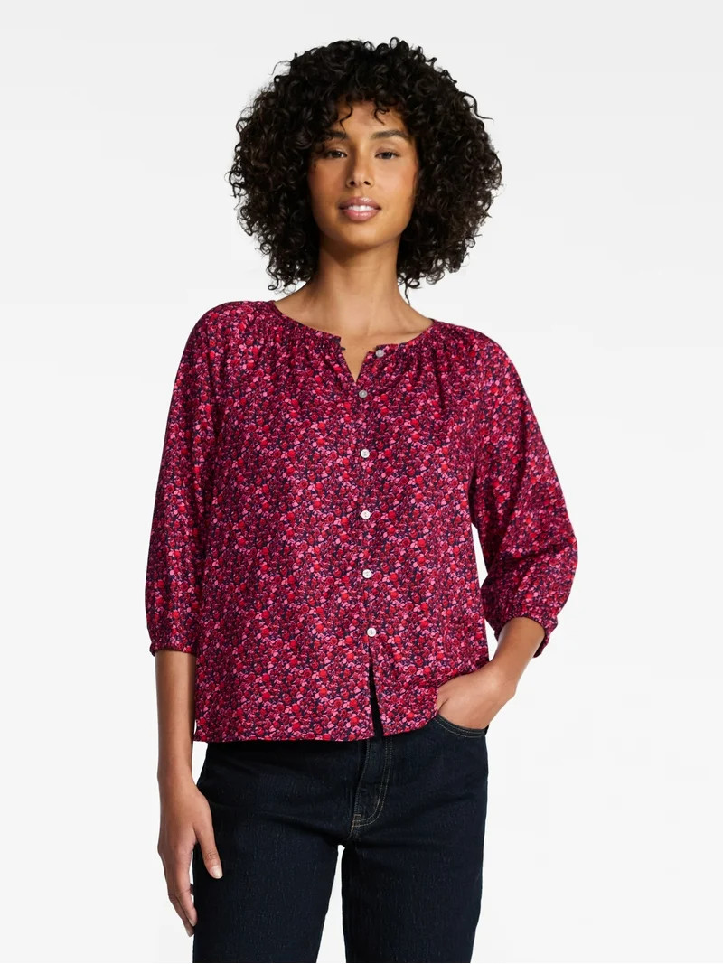 Time and Tru Women's Cotton Button Front Blouse with ¾ Length Sleeves, Sizes XS-XXXL | Walmart (US)