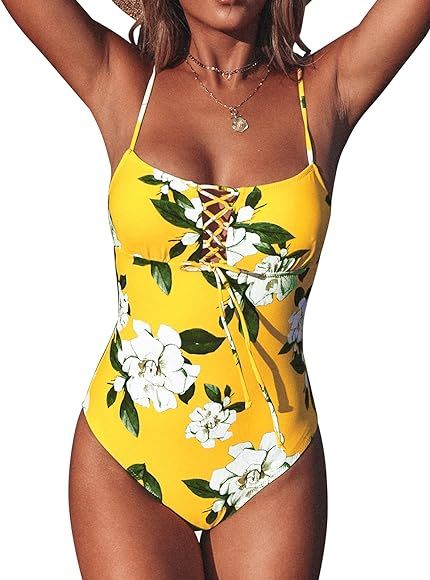 CUPSHE Women's One Piece Swimsuit Yellow Floral Print Lace Up Bathing Suit | Amazon (US)