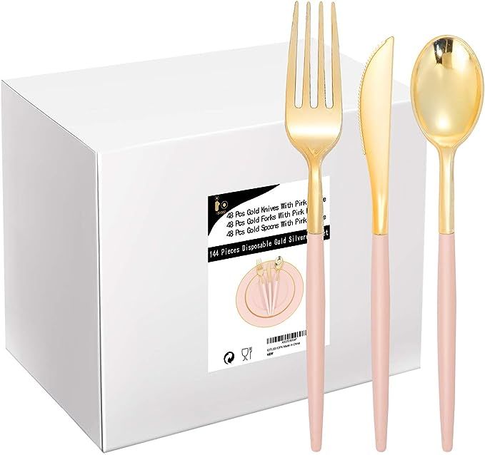 I00000 144 Pcs Gold Plastic Silverware, Disposable Flatware with Pink Handle, Gold Plastic Cutler... | Amazon (US)