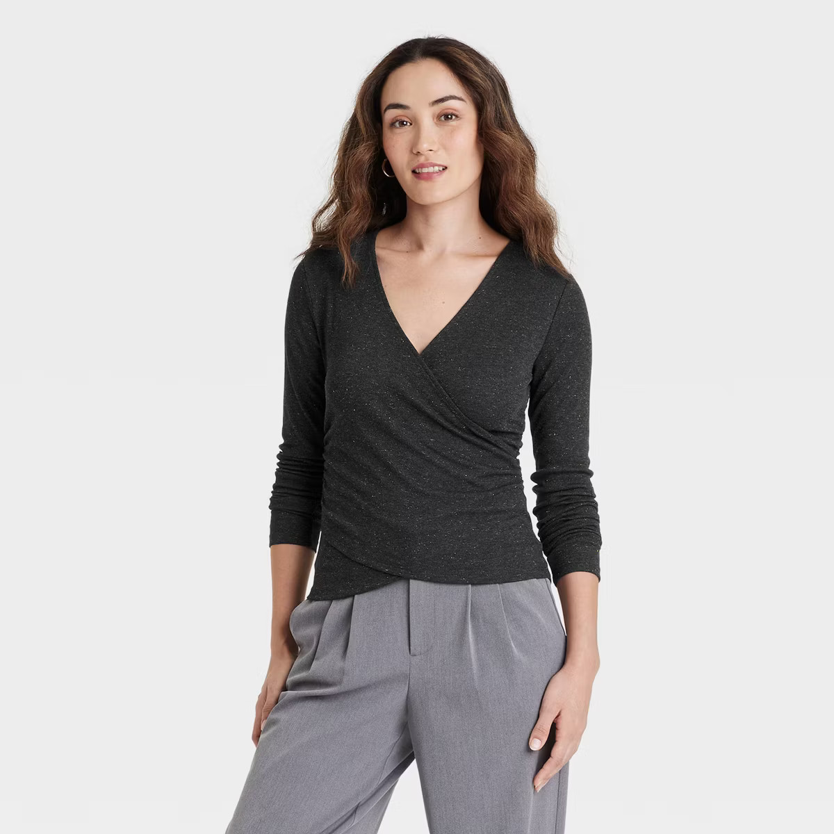 Women's Long Sleeve V-Neck Wrap Top - A New Day™ Gray S | Target