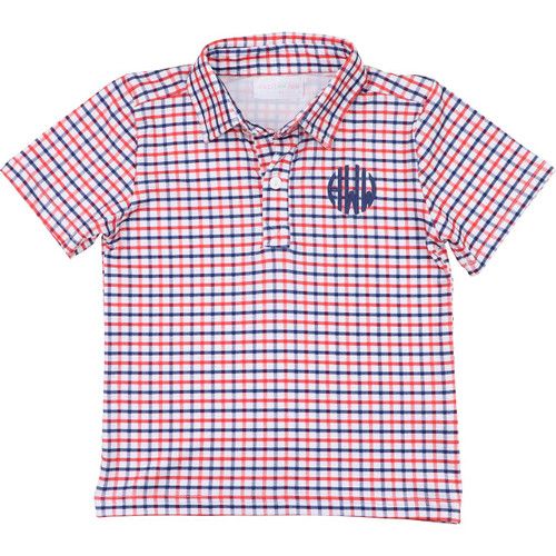Navy And Red Windowpane Knit Polo Shirt | Cecil and Lou
