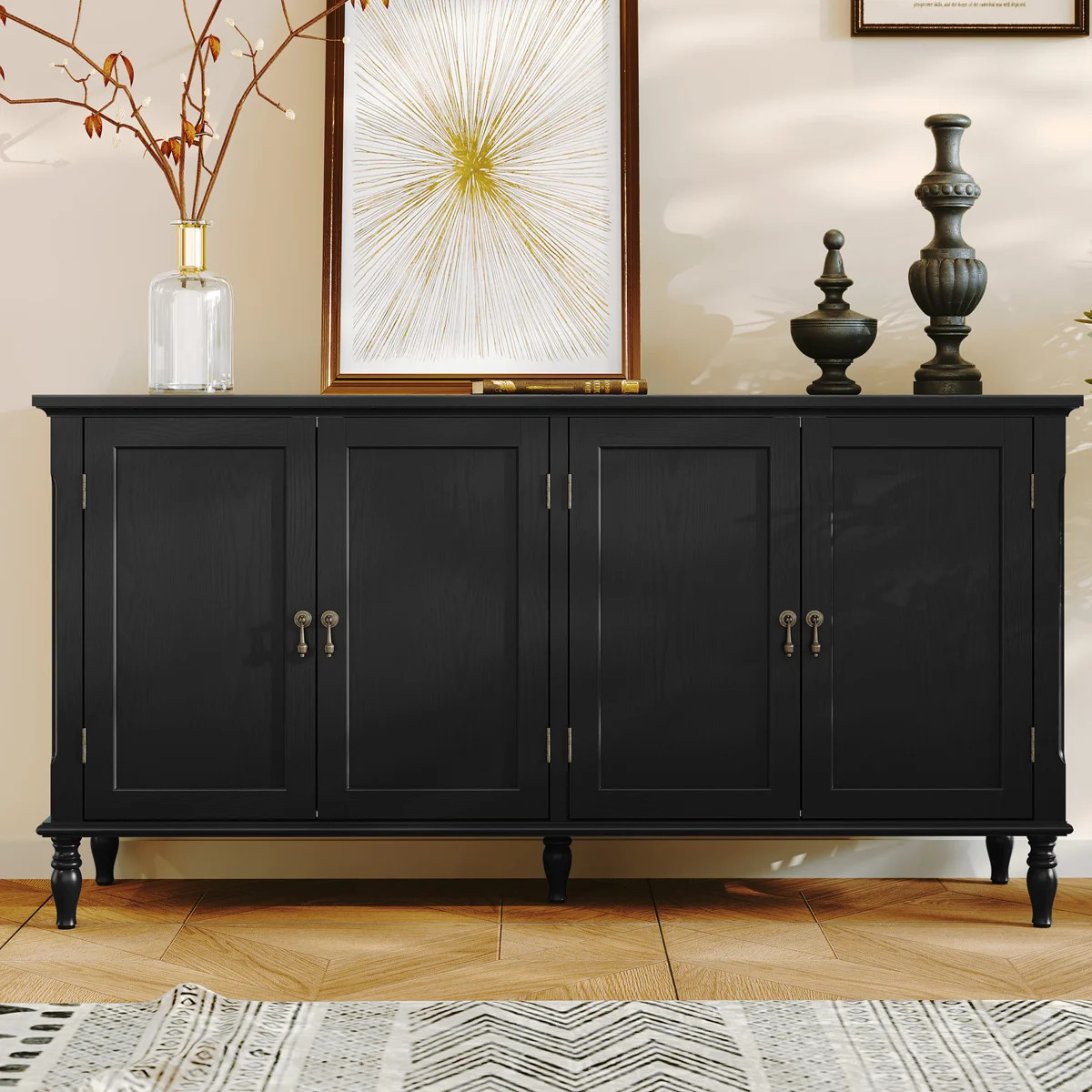 58" Vintage Buffet Cabinet With Adjustable Shelves And 4 Doors, Sideboard with Solid Wood Veneer | Wayfair North America