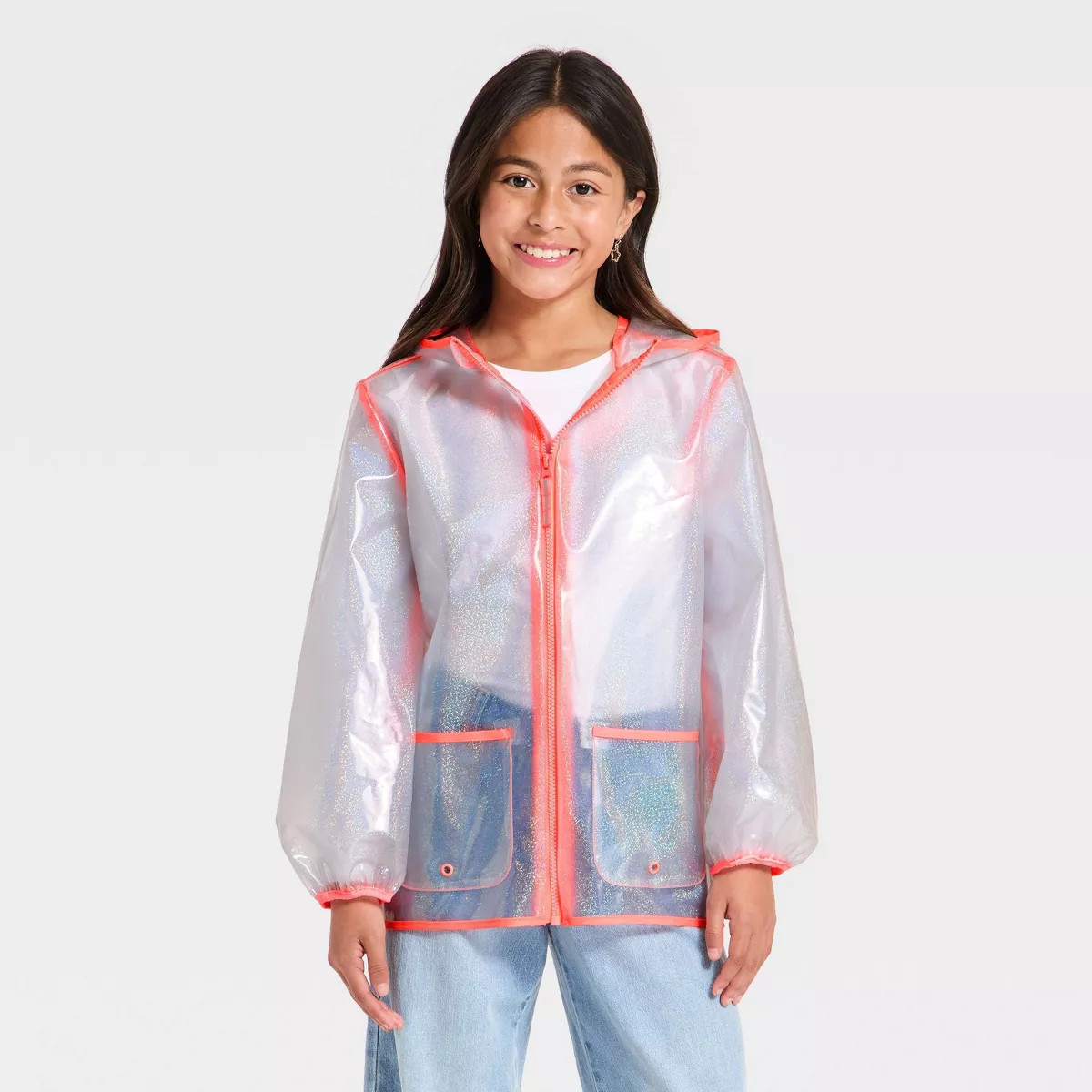 Girls' Puff Sleeve Clear Glitter Rain Jacket - Cat & Jack™ Pink M | Target