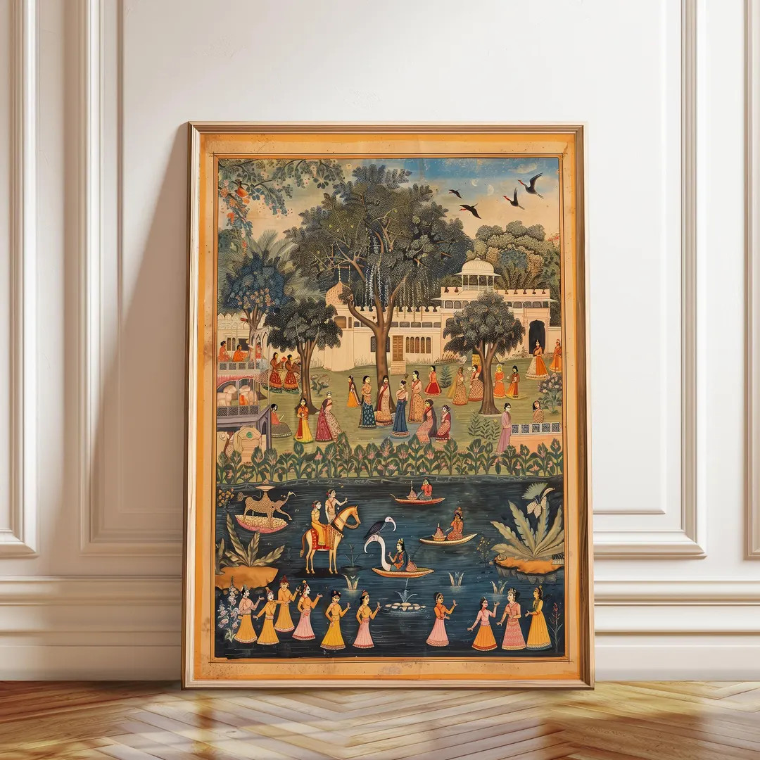 Indian Pichwai Village Scene Poster: Vibrant Cultural Landscape Art - Etsy | Etsy (US)