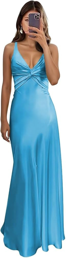 Pleated V Neck Satin Bridesmaid Dresses with Slit Halter Mermaid Prom Dress for Women Backless Fo... | Amazon (US)