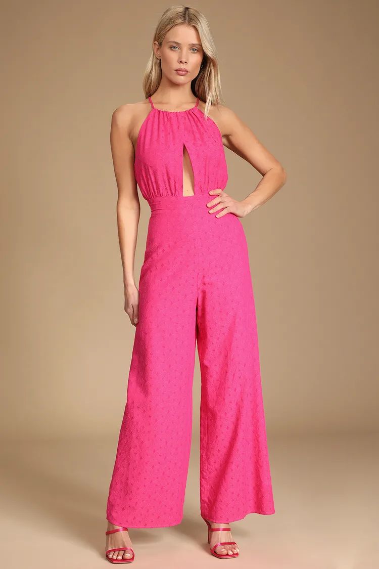 Style That Wows Hot Pink Floral Jacquard Wide-Leg Jumpsuit | Lulus (US)