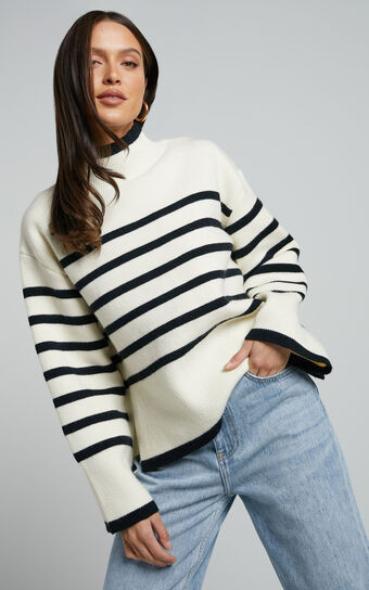 Ehliza Jumper - Mock Neck Wide Sleve Knit Jumper in Cream / Black | Showpo (ANZ)
