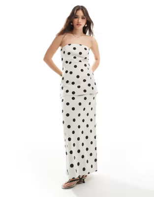 4th & Reckless linen look bandeau longline top and maxi skirt set in cream polka dot | ASOS (Global)