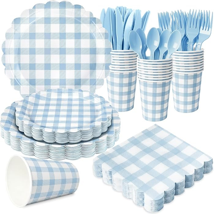 175 PCS Blue Gingham Party Supplies Includes Light Blue Gingham Paper Plates, Cups, Napkins, Cutl... | Amazon (US)