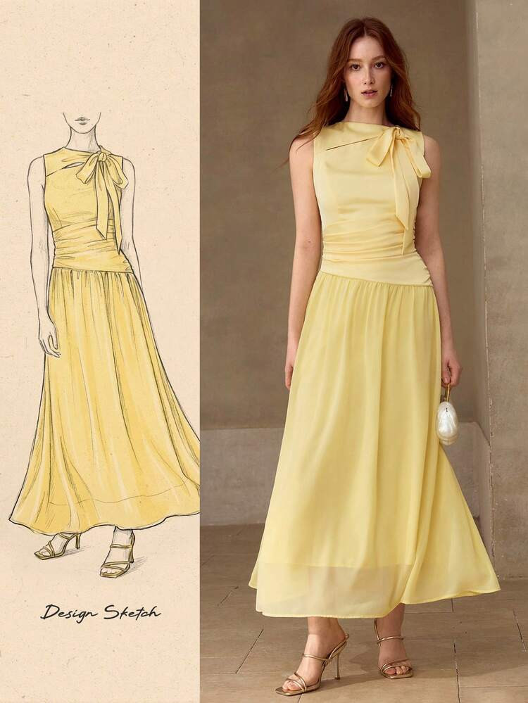 MOTF PREMIUM ELEGANTES ASYMMETRISCHES SCHLEIFENKLEID MIT FLIESSENDER ROMANTISCHER MITTELLANGER SILHOUETTE | SHEIN
