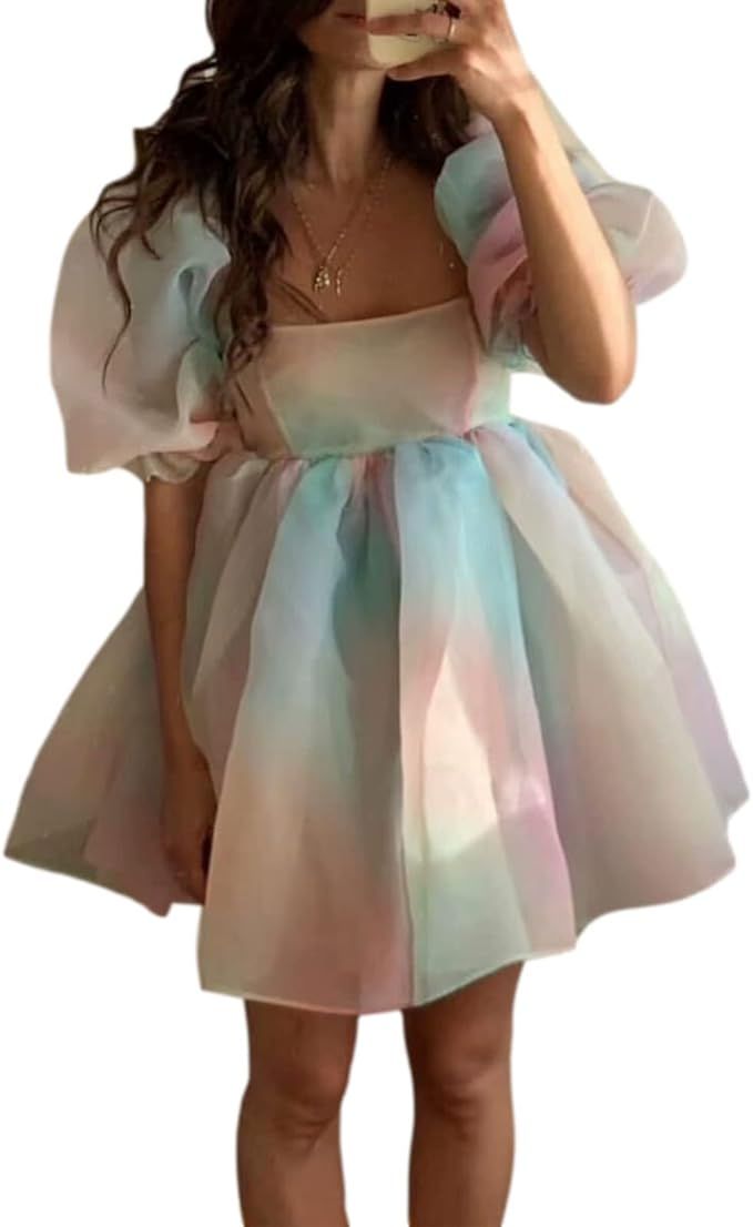 Women's Puff Sleeve Tulle Princess Dress Off Shoulder Square Collar Mini Dress Puffy Mesh Party P... | Amazon (US)