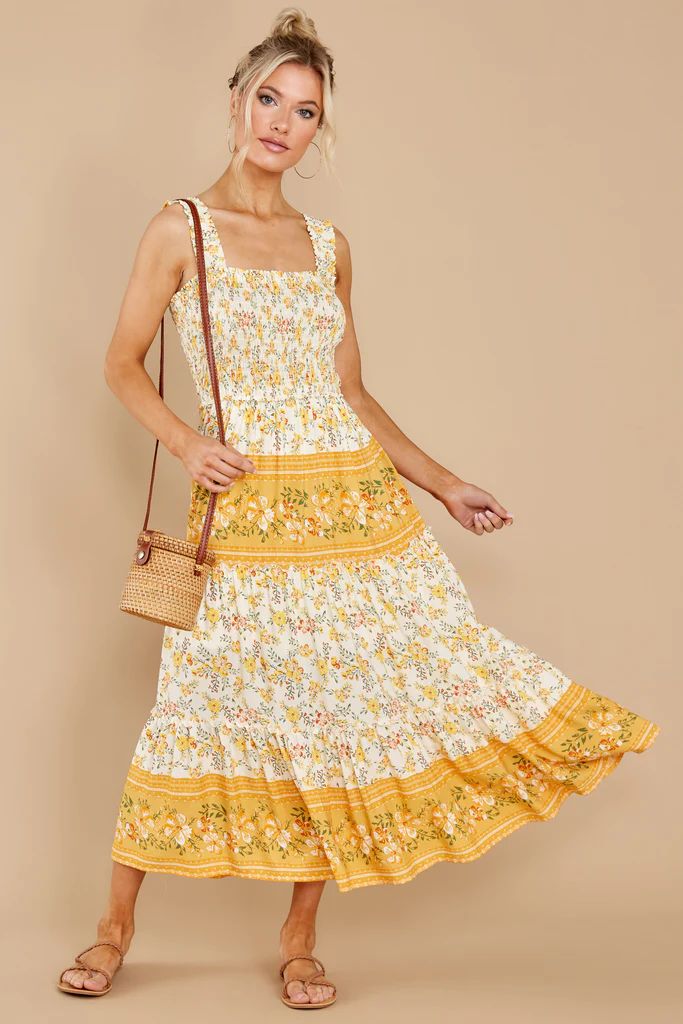 Swing Into Spring Gold Floral Print Maxi Dress (BACKORDER JUNE) | Red Dress 