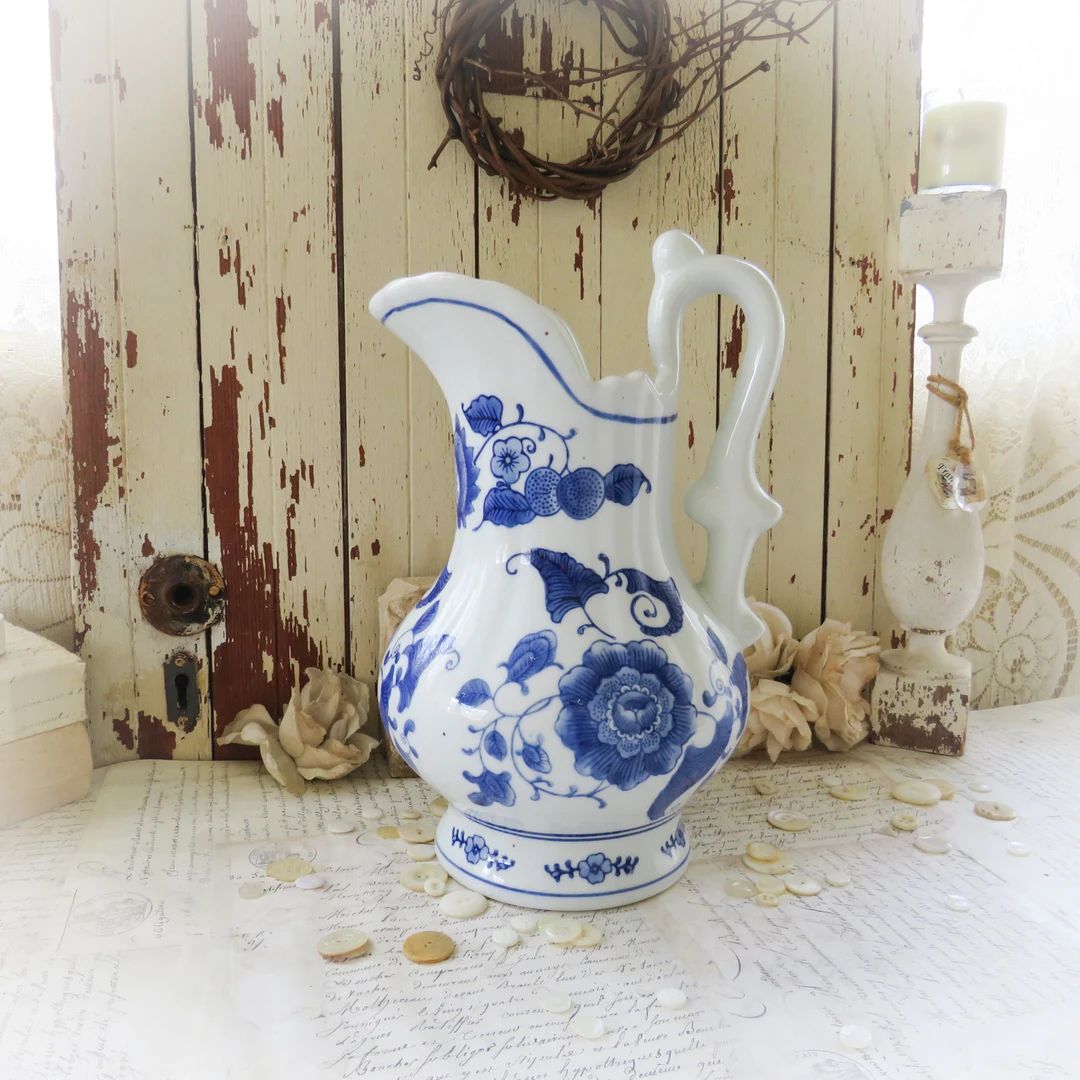 Vintage Blue & White Large Pitcher/chinoiseries Floral Pattern/french Country, Farmhouse, Shabby ... | Etsy (US)