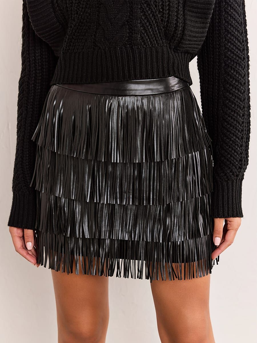 NY & Co Women's Faux Leather Fringe Mini Skirt - Endless Rose Black Size XS Polyester | New York & Company