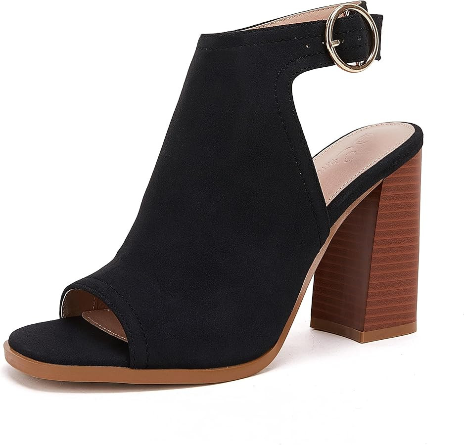 Ermonn Women‘s Cutout Peep Toe Stacked Heeled Sandals Ankle Strap Buckle Booties | Amazon (US)