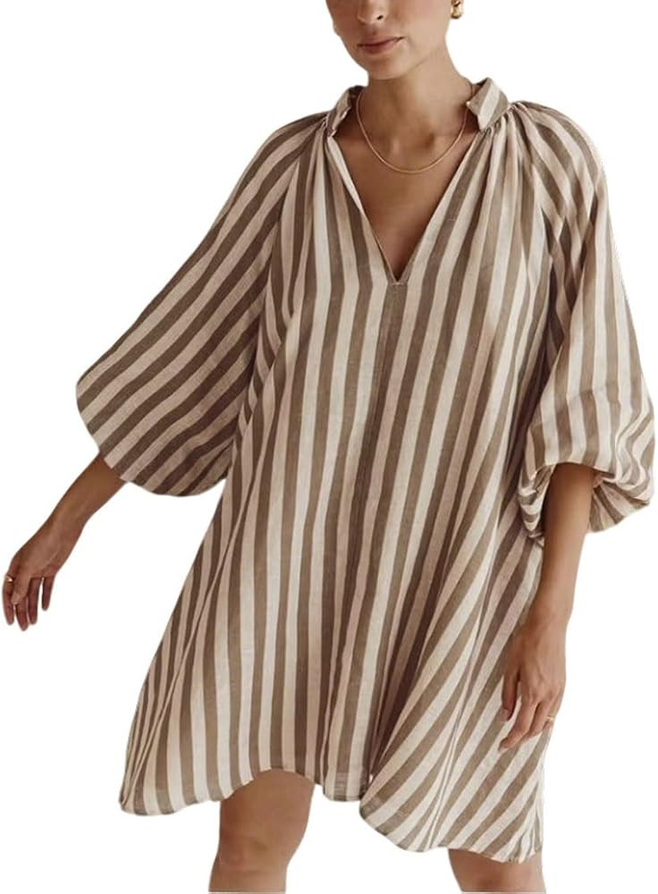 CHARTOU Women Summer Striped Beach Vacation Mini Dress 3/4 Sleeve Boho Chic Outfits Tunic Shift D... | Amazon (US)