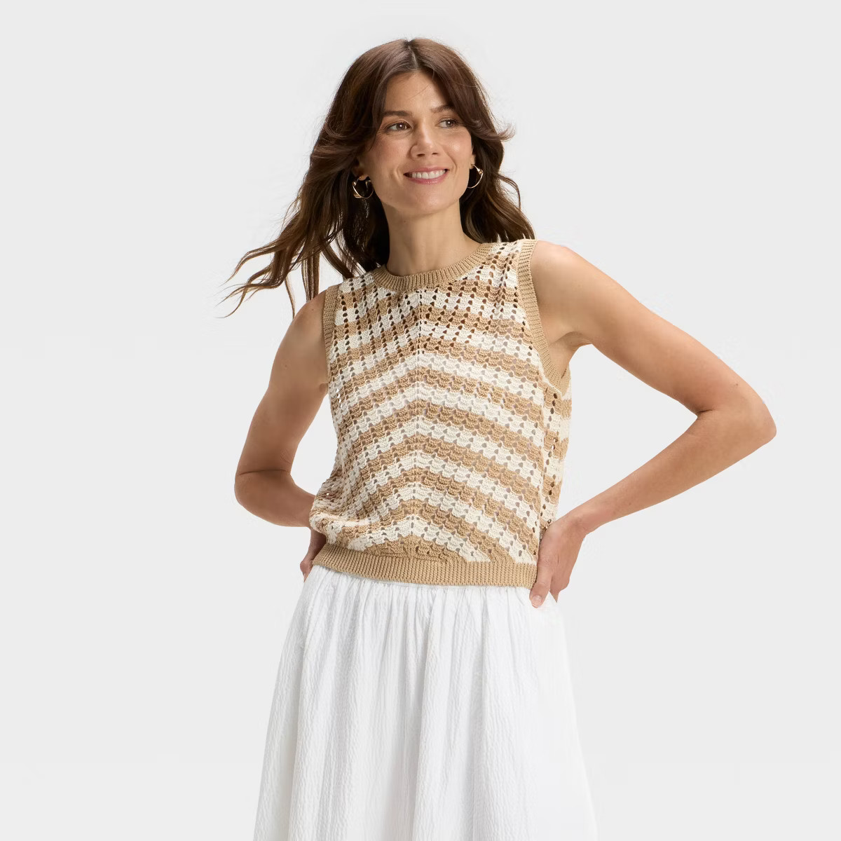 Women's Crewneck Crochet-Style Pullover Sweater Tank - A New Day™ Black/Cream Chevron 4X | Target