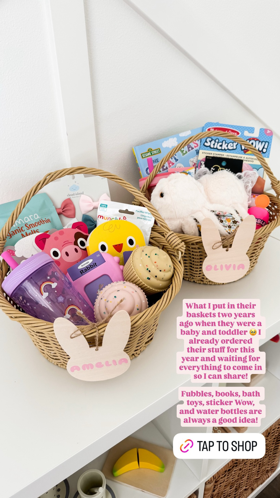 Easter Baskets for Toddler and Baby! What I put in their baskets two years ago when they were a baby and toddler. I already ordered their stuff for this year and waiting for everything to come in so I can share.
Fubbles, books, bath toys, sticker Wow, and water bottles are always a good idea!