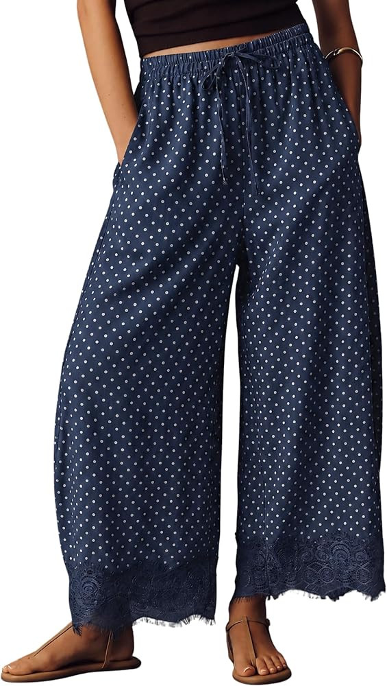 Lviefent Womens Cropped Lace Hem Pants Polka Dot Summer Wide Leg Beach Travel Lounge Pants Trouse... | Amazon (US)