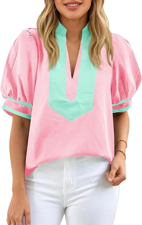 Cicy Bell Womens Color Block Puff Sleeve Blouses Summer Casual Dressy V Neck Tops Loose Fit Tee S... | Amazon (US)