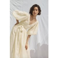 Puff Sleeves Linen Wrap Dress/Beige Minimalist Midi Wedding Bridesmaid Effortless Chic Sustainable F | Etsy (UK)