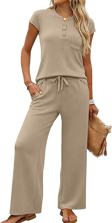 Casly Lamiit 2 Piece Lounge Sets for Women Summer Outfits Travel Airport Henley Sweatsuit Casual ... | Amazon (US)