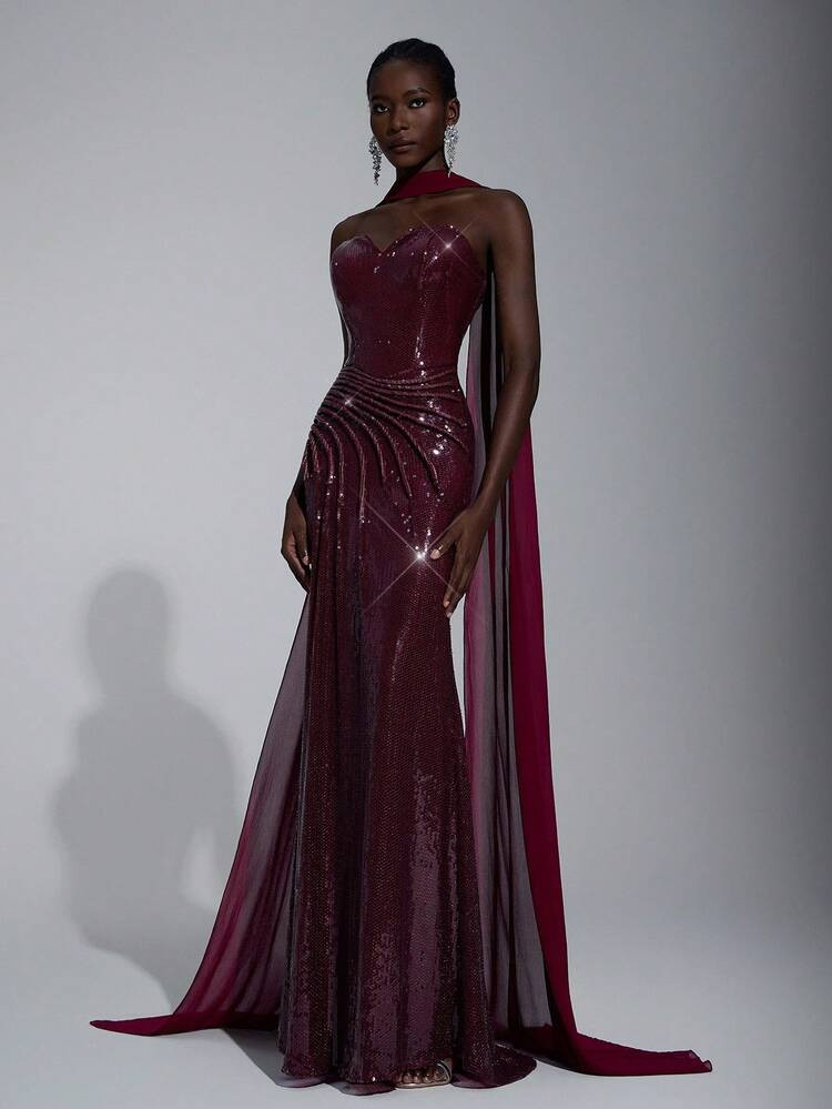 Elitara Elegant And Gorgeous Deep Burgundy Sequin Embroidery, Hand-Made Mechanism Line Decoration, Small Shell Collar, Sexy Slit Fishtail Skirt With Movable Ribbons, Suitable For Dating Parties, Bachelorette Parties, Cocktail Parties And Formal Occasions, Ladies' Evening Dress (Heavy Workmanship) | SHEIN