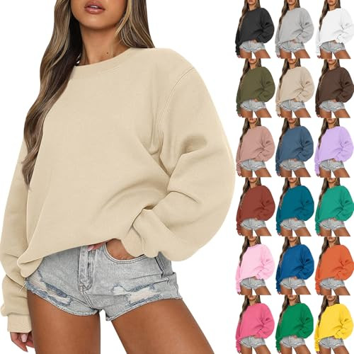 Jybuyye Women Crew Neck Sweatshirts Drop Shoulder Fleece Oversized Sweatshirts Long Sleeve Casual Loose Fit Pullover Solid Color Ribbed Cuffs Hem Tops Comfy Cozy Sweater Sweatshirt for Women A-black | Amazon (US)