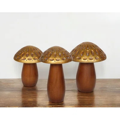 Set of Three Brown And Gold Wood Mushroom Tabletop Sculptures | Wayfair North America