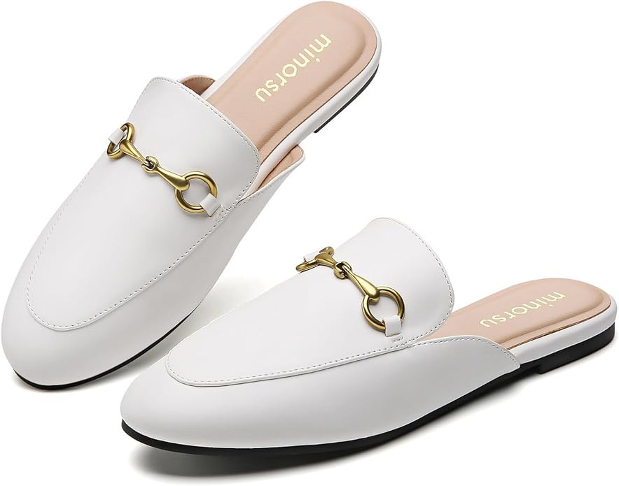 Buckle Mules for Women Round Toe Backless Flat Mules Slides Mules Shoes Ladies Slip-on Loafers | Amazon (US)
