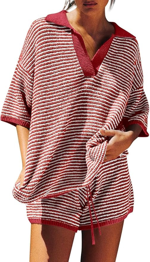 Tankaneo Womens Sweater Set 2 Piece Outfits Oversized 3/4 Sleeve V Neck Knit Tops High Waisted Sh... | Amazon (US)