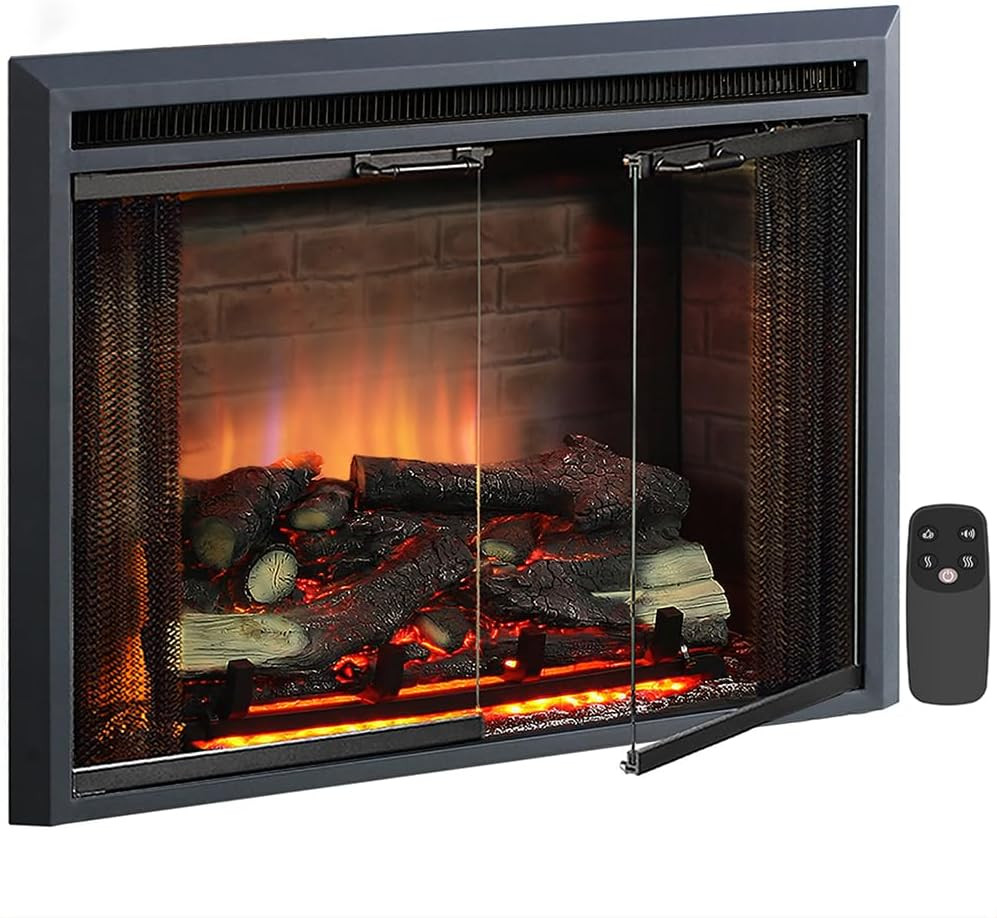 PuraFlame Klaus Electric Fireplace Insert with Fire Crackling Sound, Glass Door and Mesh Screen, 750/1500W, Black, 29 15/16 Inches Wide, 23 3/16 Inches High | Amazon (US)