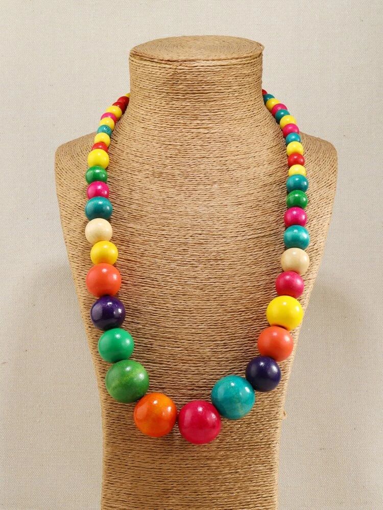 Color Block Wooden Beaded Necklace | SHEIN