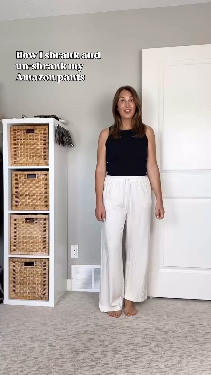 How I shrank and un-shrank my Amazon pants! It’s such a great hack! 
I’m 5’ 7” wearing M, use their size chart.

According to the label my pants are a linen cotton blend but I suspect they also contain viscose (rayon) cause they felt stiff when they were wet. 
Some of the other methods suggested for un-shrinking them were:
- stretch when wet 
- use a wrinkle release spray
- soak in a mix of water and hair conditioner for a few hours, gently squeeze out the water, roll in a towel to remove water and lay flat to dry. 

How to un-shrink pants, how to un-shrink linen pants, how to lengthen pants, how to reverse pants that shrank, linen Amazon pants, Aritzia lodge pants