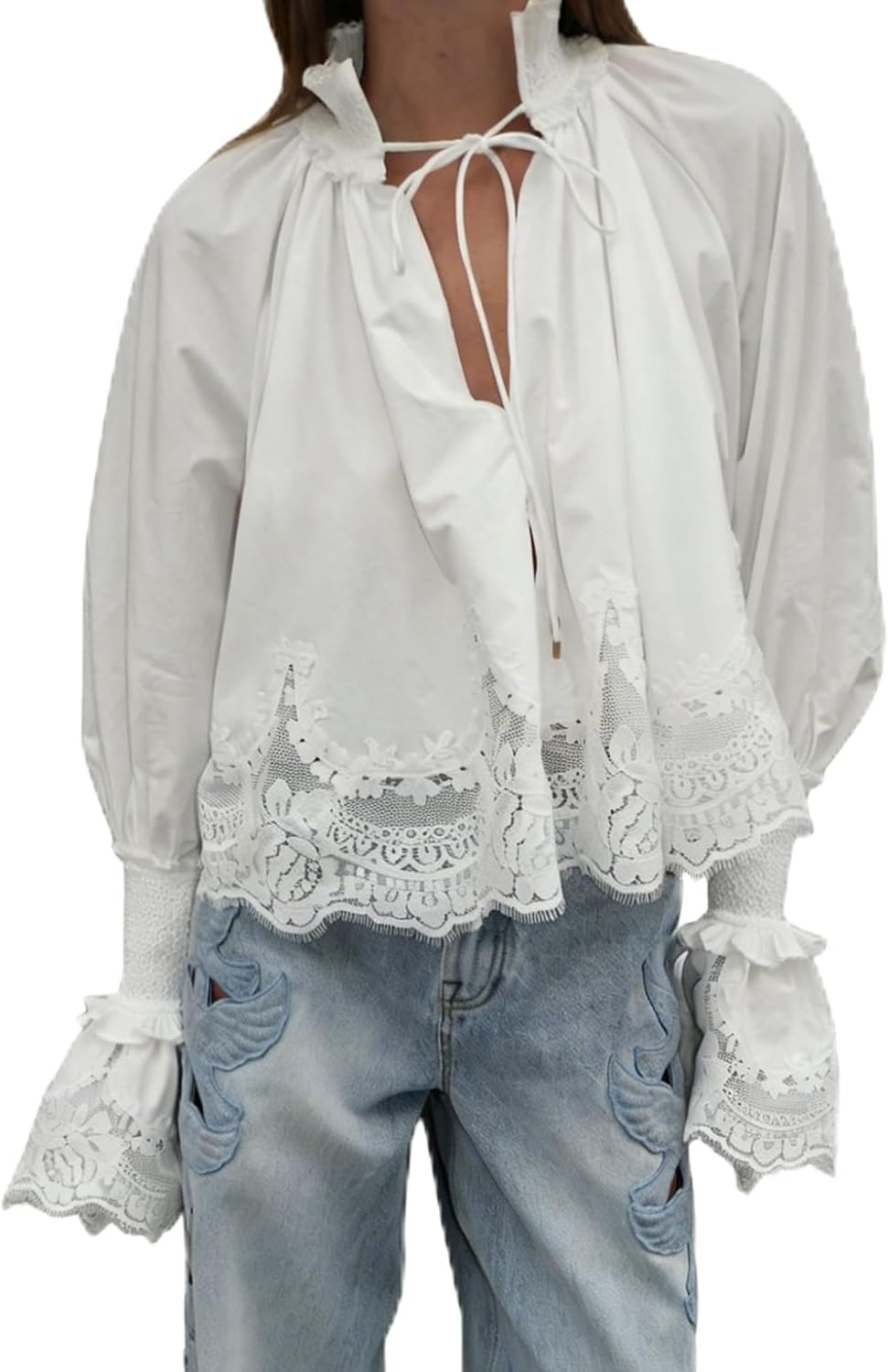 Womens Top Long Sleeve Front Tie with Lace Hem Top Women Going Out Outfits | Amazon (US)